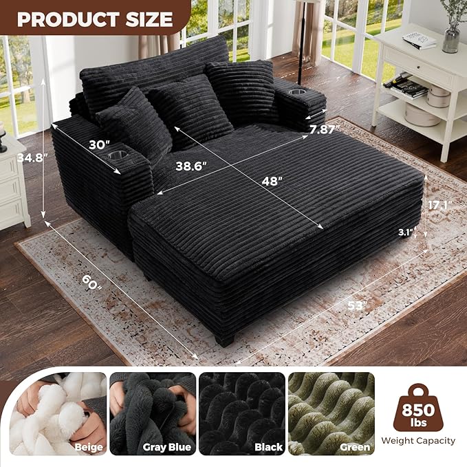 HUSFU 60'' Oversized Chaise Lounge Chair Indoor, Fluffy Plush Faux Fur Upholstered Sleeper Sofa Bed, Chaise Lounge Reading Chairs w/USB&Type C Port, Cozy Lazy Couch for Living Room, Black