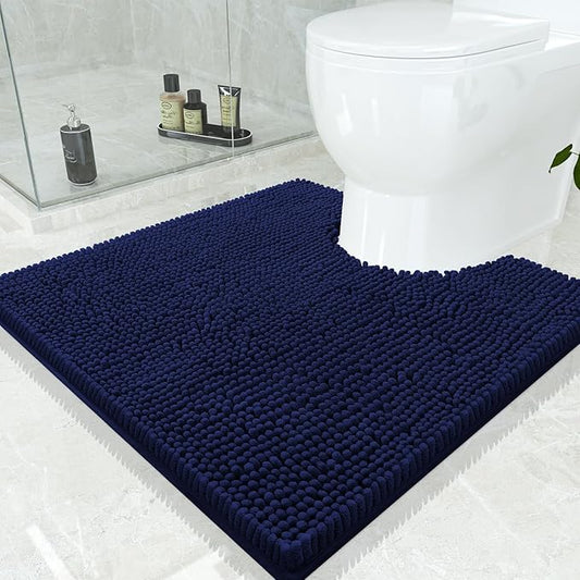 Smiry Luxury Chenille Toilet Rugs U-Shaped 24x24, Soft Absorbent Non-Slip Contour Bathroom Rugs for Toilet, Machine Washable Contoured Bath Mats, Navy Blue