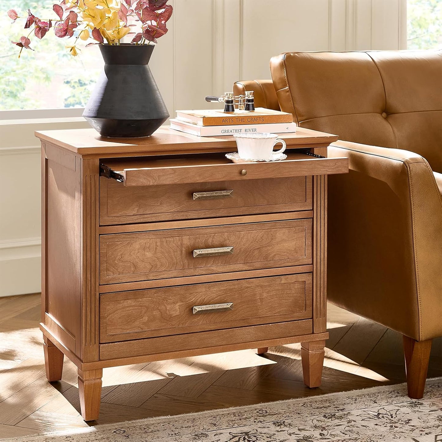 HULALA HOME Farmhouse Nightstand with Charging Station, Pull-Out Tray, 3 Drawers Nightstand with Solid Wood Legs, Wood Veneer Bedside Table with Open Shelf, Acorn