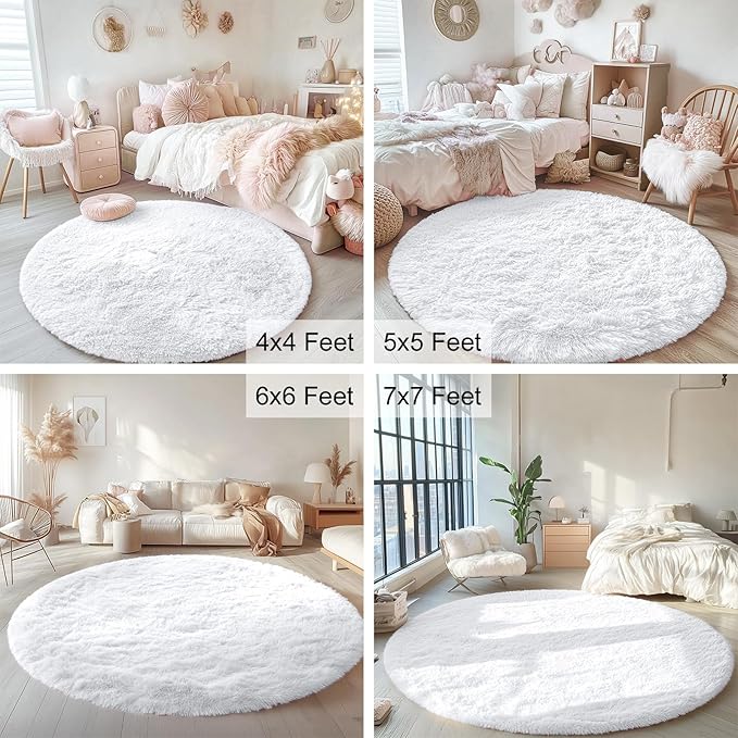 OLANLY White Round Rugs for Bedroom - Machine Washable, 5 ft Circle Area Rugs for Living Room, Soft and Fluffy Shaggy Carpet for Teen Girls and Boys, Nursery Rooms, Dorms, Home Decor Aesthetic