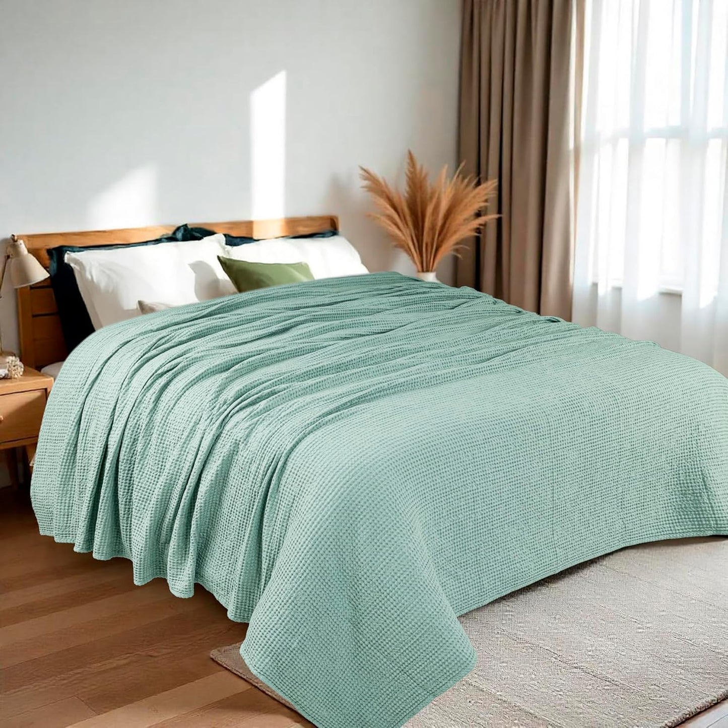HILLFAIR 100% Combed Cotton Blanket– Queen Size Bed Blanket– Warm Soft All Season Breathable Lightweight Summer Blankets– Waffle Weave Home Decor Bed Blanket- Sage Queen Bed Cotton Blankets/Bedcover