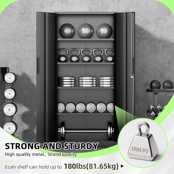 SUNCROWN 72" Metal Storage Cabinet - Heavy-Duty Metal Garage Cabinet with 4 Adjustable Shelves & 2 Doors for Tools, Office, Home, Workshop,Black-Small