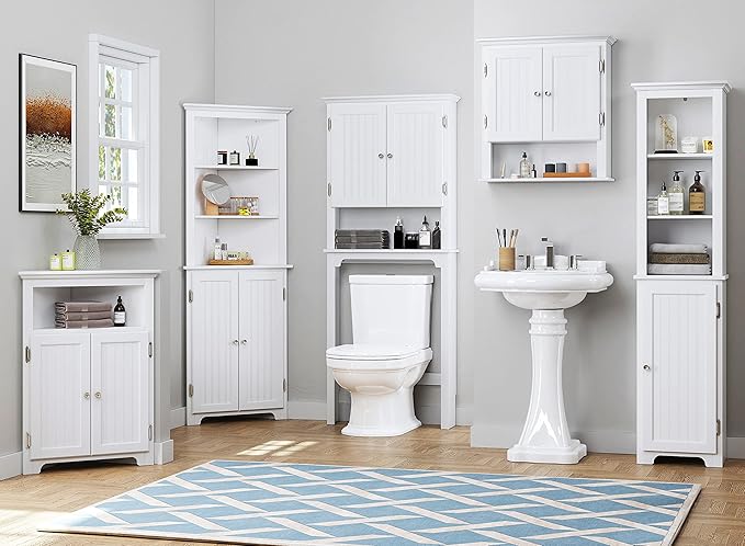 UTEX Over The Toilet Storage Cabinet, Over Toilet Bathroom Organizer with Adjustable Shelves and Double Doors, White