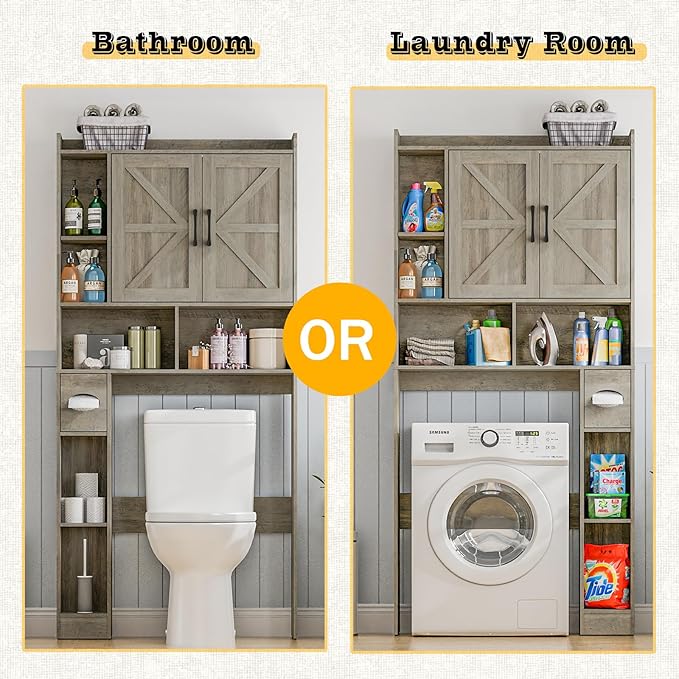 Over The Toilet Storage Cabinet, Farmhouse Storage Cabinet Over Toilet with 2 Barn Door & Toilet Paper Holder Stand, Home Space-Saving Rack, for Bathroom, Restroom (Grey).