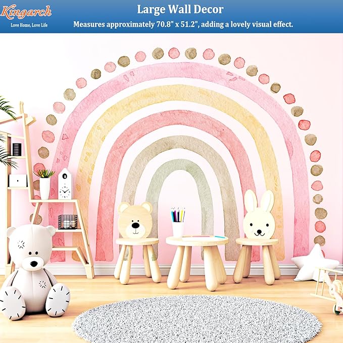 Large Pink Rainbow Wall Decals, Boho Dots Peel and Stick Fabric Nursery Wall Decor, Removable Home Room Wall Decor Murals Stickers for Kids Girls Toddler Bedroom Living Room Playroom