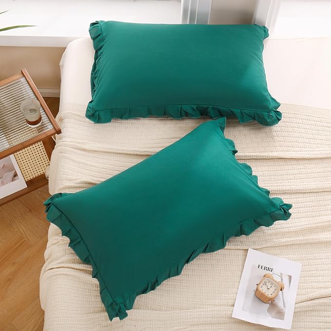 Merryword Dark Green Pillow Shams Green King Pillowcases Cute Pillow Cover Set of 2 Soft Shabby Chic Ruffled Pillowcases 2 Pack (King (20''x36''), Dark Green)