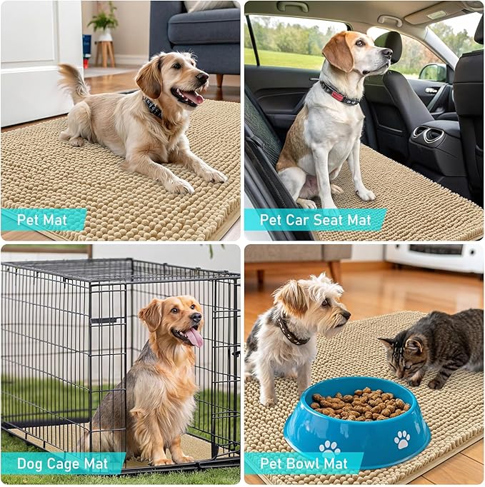 OLANLY Dog Door Mat for Muddy Paws 40x24, Absorbs Moisture and Dirt, Absorbent Non-Slip Washable Doormat, Quick Dry Chenille Mud Mat for Dogs, Entry Indoor Entryway Carpet for Inside Floor, Beige