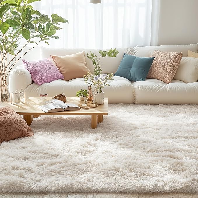 OLANLY Area Rugs for Living Room Bedroom, Machine Washable 4x5.9 ft Soft Fluffy Shaggy Bedside Rug, Indoor Floor Carpet for Kids Girls and Boys, Dorms, Nursery Rooms, Home Decor Aesthetic, Ivory