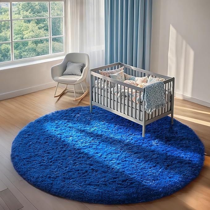 Ophanie Round Rug 7Ft Blue Circle Area Rug, Boys Room Decor, Fluffy Fuzzy Bedroom Carpet, Plush Soft Shaggy Living Room Rugs for Kids Home Decor Aesthetic, Nursery