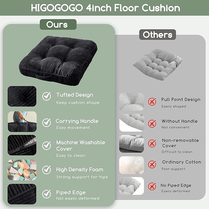 HIGOGOGO Washable Floor Pillow Cushion for Adults, Meditation Cushion Pillow, Large Square Floor Sitting, Removable Tufted Corduroy Cover, for Tatami Living Room or Yoga, 22x22 Inch, Machine Washable