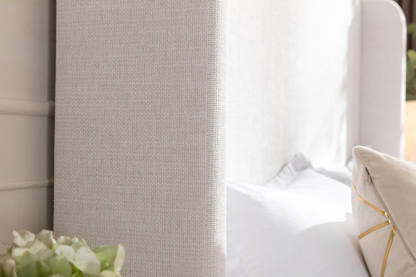 King 54" Tall Headboard Wingback Upholstered Platform Bed Frame Premium Textured Canvas Elegant Simplicity for Bedroom King Bed Without Wooden Slats Box Spring Required Easy Assembly Ivory