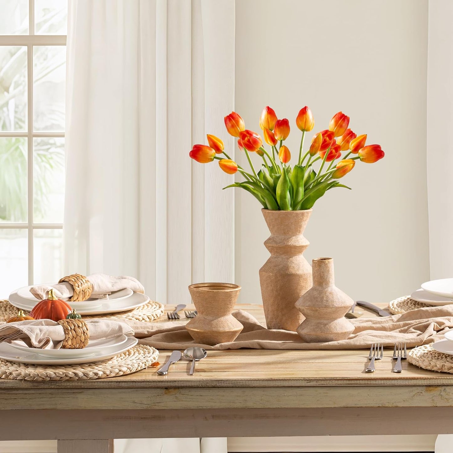 Ceramic Vase Home Table Decor - Gold Flower Vase Set of 3 Living Room Kitchen Decorations Farmhouse Modern Rustic Vases Decorative Centerpiece for Shelf Bedroom Office Bathroom Dining Coffee Desk