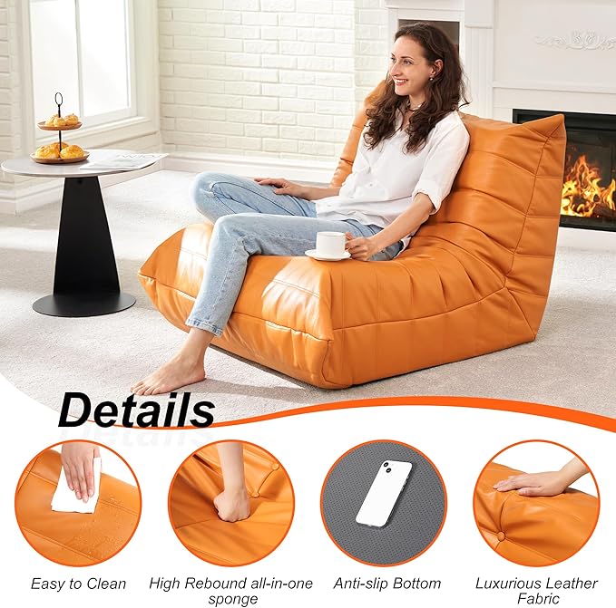 Hobestluk Giant Bean Bag Chair Lazy Floor Sofa, Memory Foam Fireside Sofa for Adults, Big Beanbag Faux Leather Armless Chair for Living Room Bedroom Dorm Office (Orange, Single)