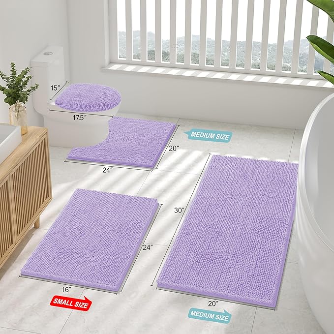 Smiry Luxury Chenille Bathroom Rugs 30x20, Extra Soft and Absorbent Shaggy Bath Mat, Machine Washable, Non-Slip Plush Carpet Runner for Tub, Shower, and Floor, Home Decor Accessories, Purple