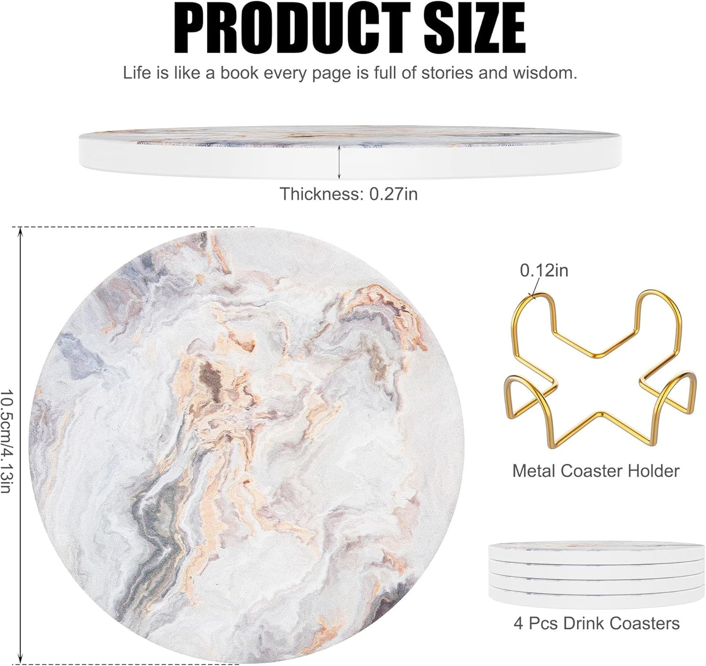 Coasters for Drinks Set of 4, Absorbent Abstract Sand Marble with Metal Golden Holder, Ceramic Coaster Set Cup Mat for Home Decor, Bar, Kitchen, Party