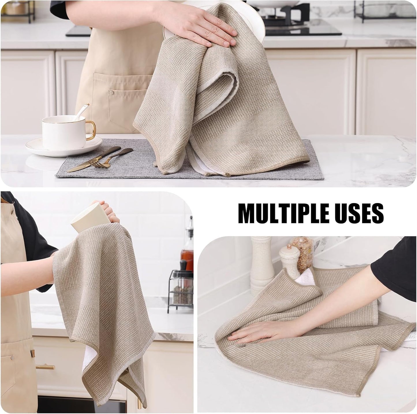 Homaxy Premium Kitchen Towels(18”x 28”, 12 Pack), Large Cotton Kitchen Hand Towels, Flat and Terry Dish Towels, 380 GSM Highly Absorbent Tea Towel Set with Hanging Loop, Khaki