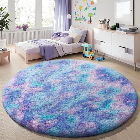Ophanie Round Rugs 6Ft Tie-Dye Rainbow Purple Circle Area Rug, Fluffy Fuzzy Bedroom Carpet, Plush Soft Shaggy Indoor Floor Colorful Living Room Rugs for Kids Home Decor Aesthetic, Nursery