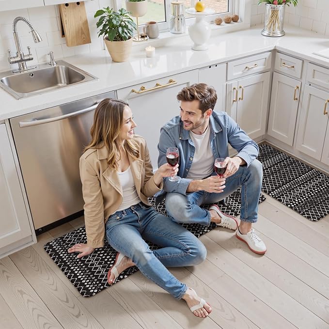 KIMODE Anti Fatigue Mats for Kitchen Floor 17"x47"+17"x29", Black Boho Kitchen Rugs Sets of 2, Cushioned Kitchen Floor Mats, Non Slip Standing Mats for Sink Laundry Office Desk