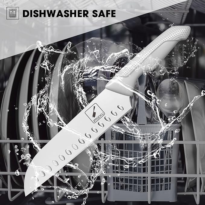 imarku 14-Piece Kitchen Knife Set with Block and Sharpener, Professional Stainless Steel with Non-Slip Ergonomic Handle, Dishwasher Safe, Home Essential, Gray-White