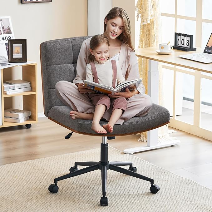 Furnimart Wide Swivel Criss Cross Legged Chair with Wheels, FSC Certified Wooden Desk Chair with Mid-Back Support, Comfy Armless Height Adjustable Vanity Chair for Desk, Bedroom (Linen Gray)