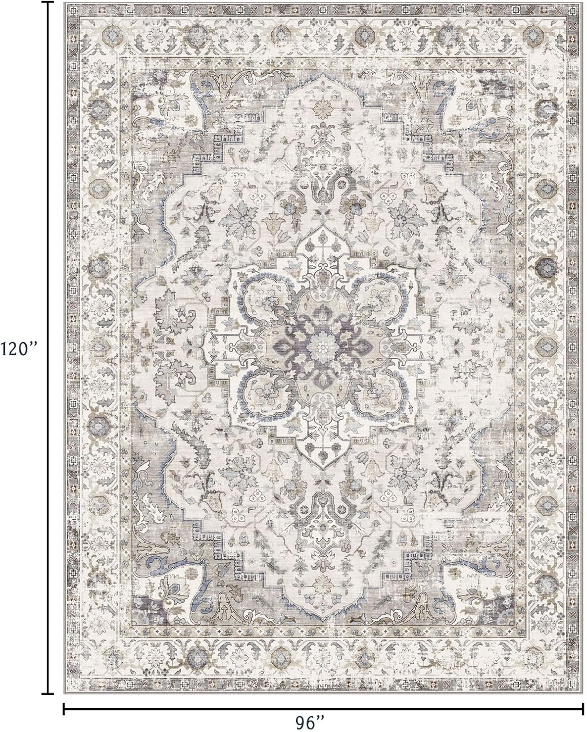 Washable Area Rug 8x10 - Large Cream Boho Rugs for Living Room Soft Vintage Bedroom Rug Ultra-Thin Distressed Oriental Carpet Stain Resistant Rug for Dining Room Guest Room Home Decor