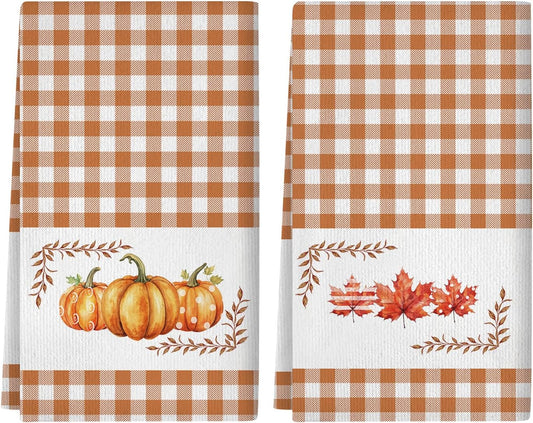 Fall Kitchen Towels Orange Pumpkin Maple Autumn Dish Towels Home Farmhouse Thanksgiving Kitchen Decor Set of 2, 18x26 Inch