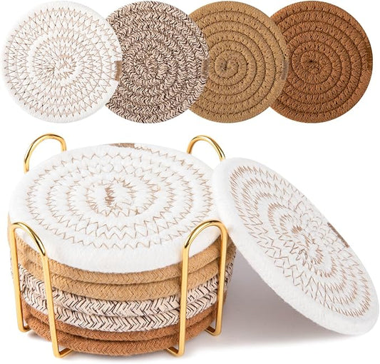 OIAHOMY 8 Pcs Coasters with Holder, Coasters for Drinks, Woven Cotton Absorbent Coaster Set for Kinds of Cups, Housewarming Gifts for Home Decor -Yellow