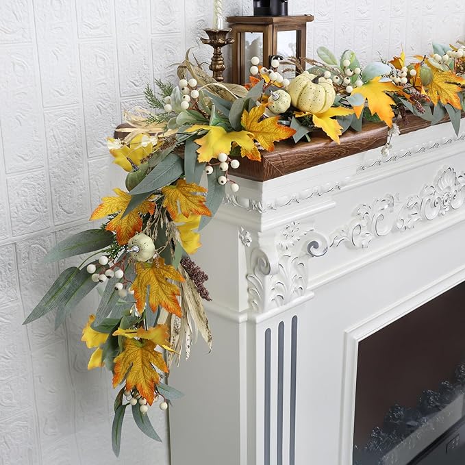 6 Ft Fall Garland for Mantle Fall Decorations for Home Porch Fall Maple Leaves Garlands with Lights/Timer Pumpkin Garland for Thanksgiving Outdoor Indoor Table Fireplace Wedding Hanging Autumn Decor