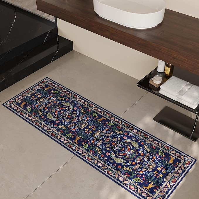 Runner Rug Washable Kitchen Runner 2'x 6'Runner Rug Floral Non-Slip for Entryway Indoor Soft Carpet Runner for Hallways, Kitchen, Laundry, Bedroom, Bathroom(Blue)