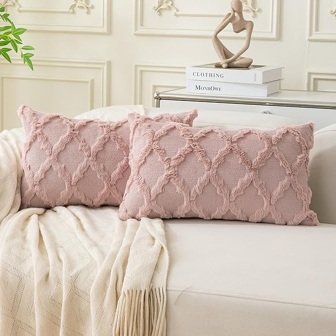 Set of 2 Soft Moroccan Throw Pillow Covers 12x20 Inch Plush Boho Decorative Pillow Cover Accent Cushion Case for Couch Sofa Bed, Pink