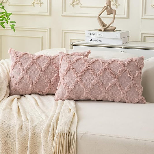 Set of 2 Soft Moroccan Throw Pillow Covers 12x20 Inch Plush Boho Decorative Pillow Cover Accent Cushion Case for Couch Sofa Bed, Pink
