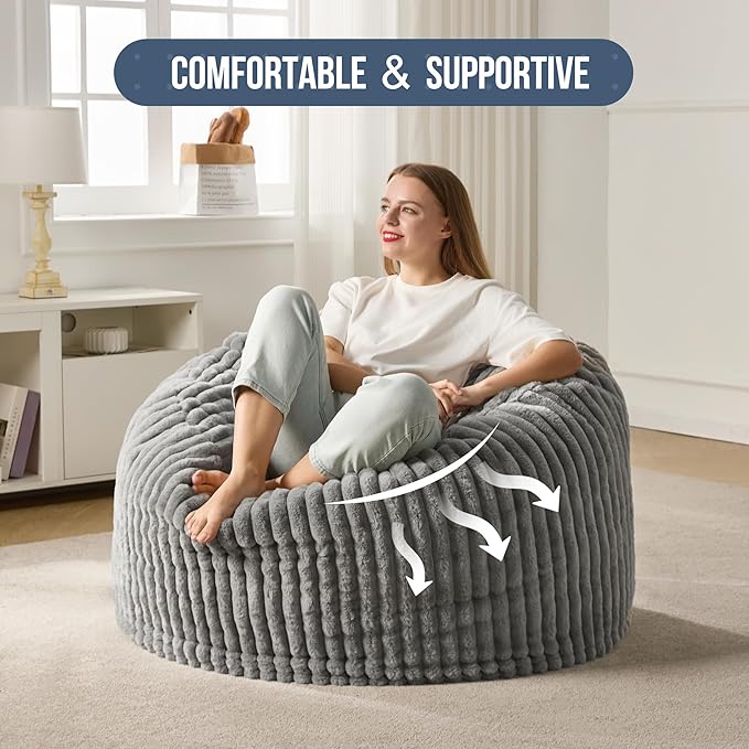 Hobestluk 3ft Bean Bag Chairs for Adults Large Beanbag Chair with Stripe Plush Cover Big Bean Bag Chair for Living Room Bedroom Dorm Office - Grey (36” x 36” x 22”)