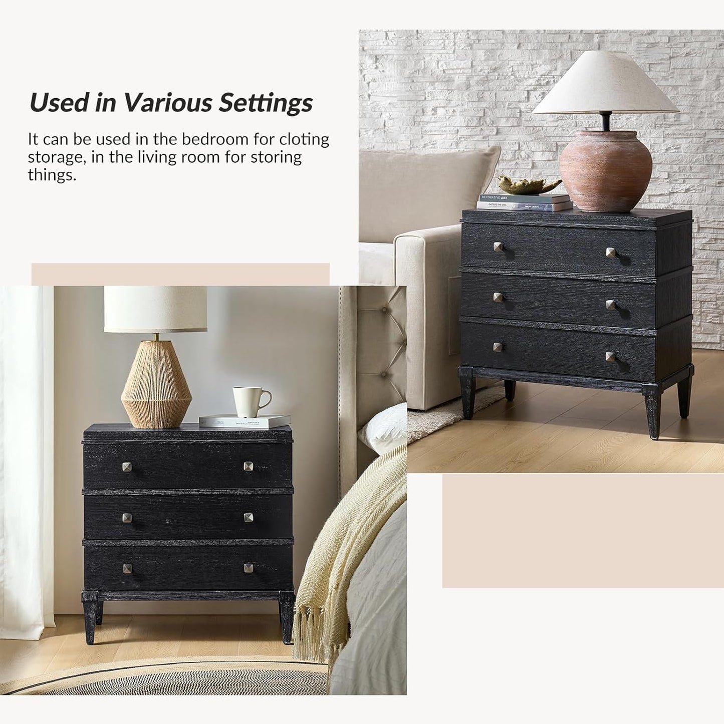 HULALA HOME 3-Drawer Nightstand with Charge Station, Farmhouse Nightstand with Solid Wood Legs, Set of 2(Black)