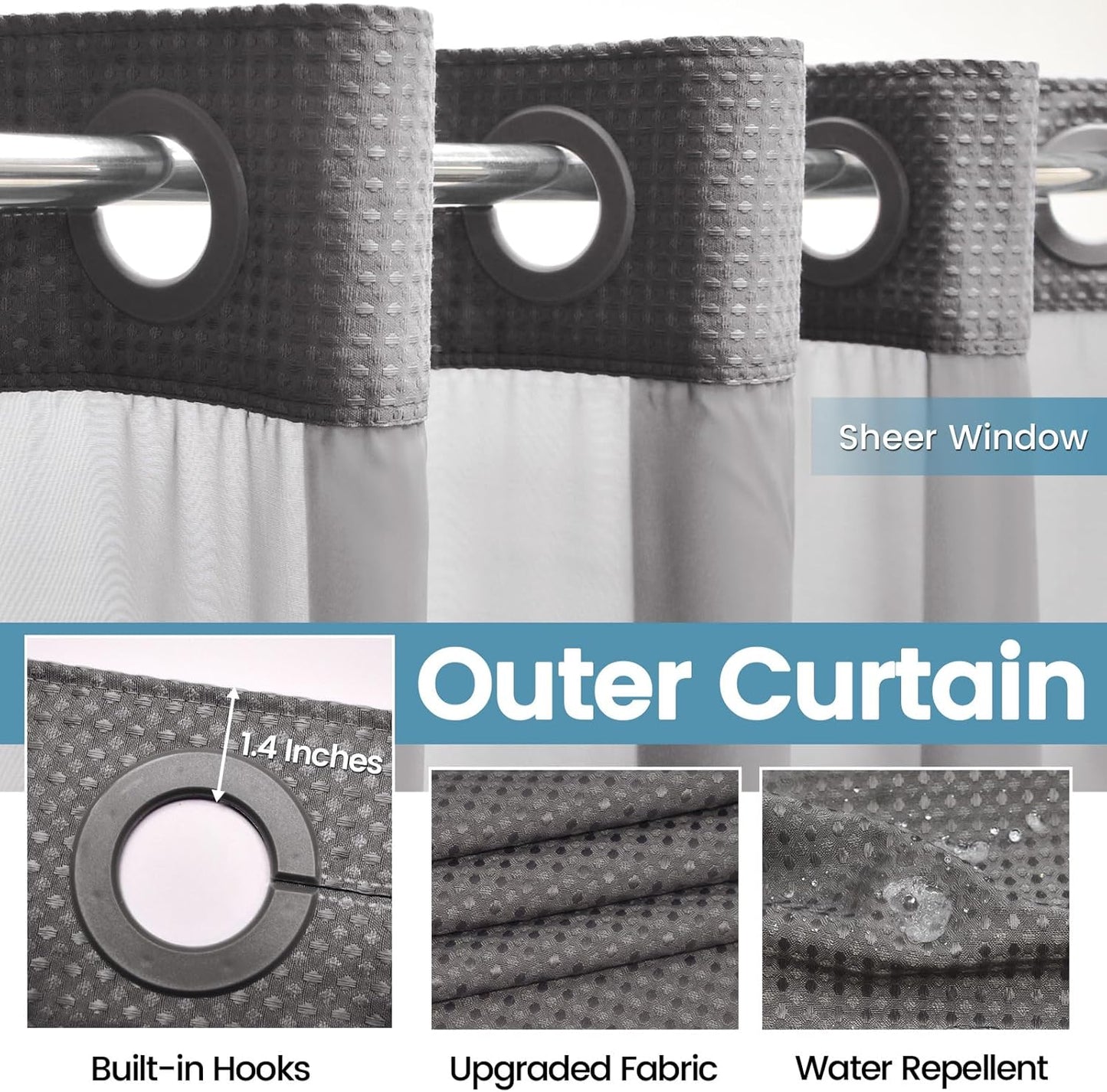 Charcoal Grey Long No Hook Shower Curtain with Snap in Liner,230GSM Waffle Weave Shower Curtains for Bathroom,71W x 86H