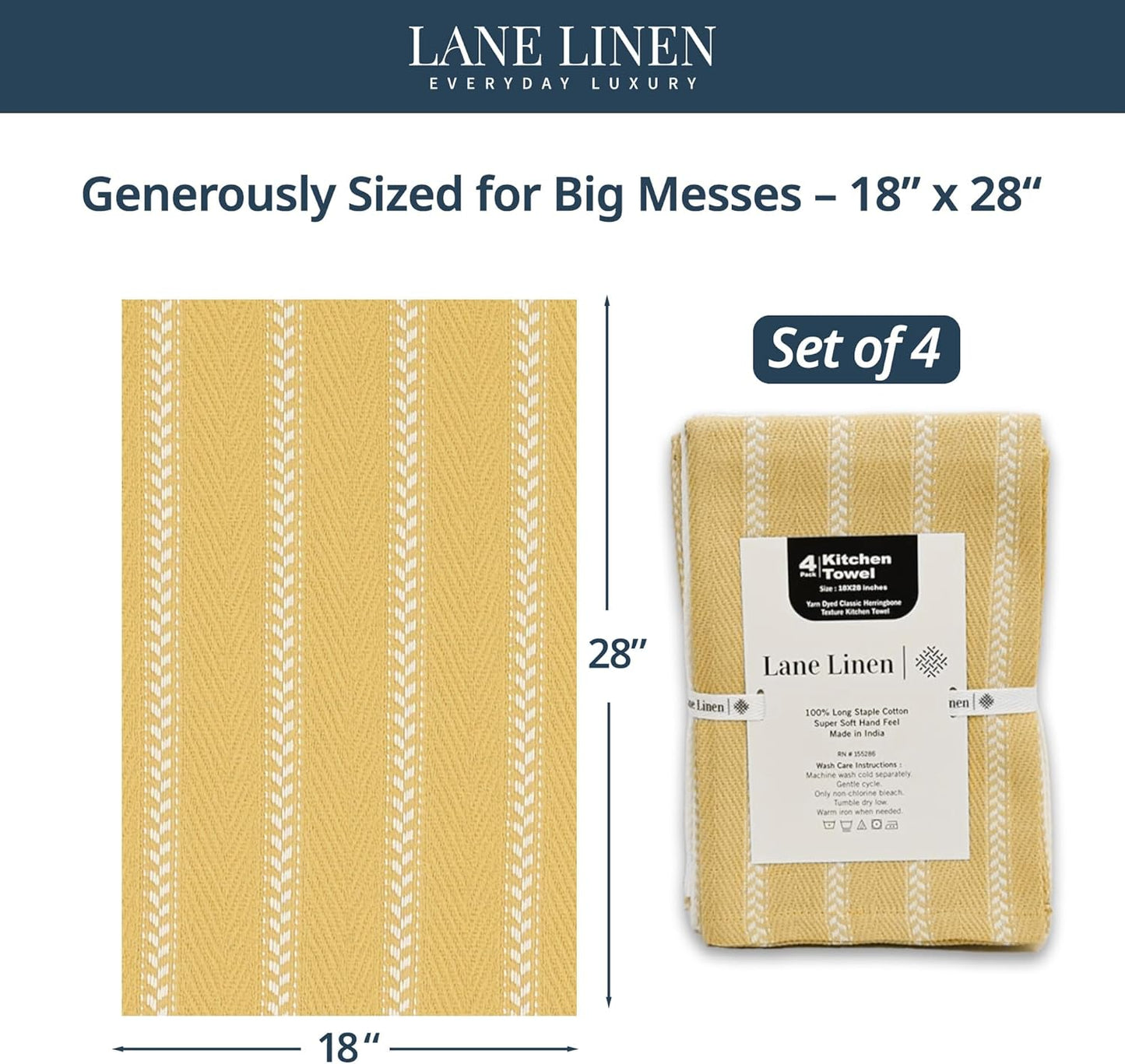 LANE LINEN Kitchen Towels Set - Pack of 4 Cotton Dish Towels for Drying Dishes, 18”x 28”, Absorbent Tea Towels, Quick Drying Kitchen Towel Set - Lemon Yellow