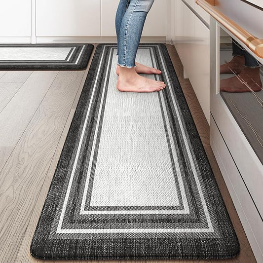 KIMODE Anti Fatigue Kitchen Mats,Non Slip Farmhouse Kitchen Rugs Sets 2 Piece,Waterproof Kitchen Mat for Floor,Cushioned Standing Mat for Office,Laundry,Sink,Desk,Black and Grey