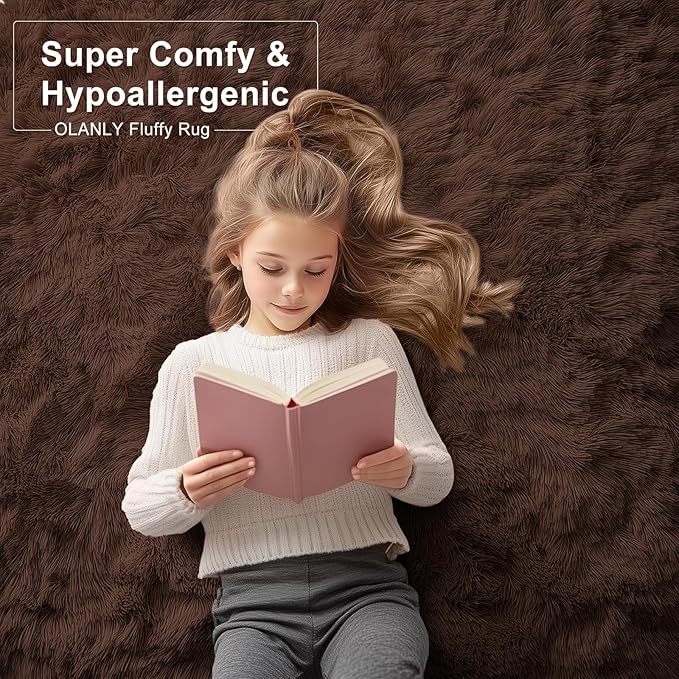 OLANLY Area Rugs for Living Room Bedroom, Machine Washable 4x5.9 ft Soft Fluffy Shaggy Bedside Rug, Indoor Floor Carpet for Kids Girls and Boys, Dorms, Nursery Rooms, Home Decor Aesthetic, Coffee