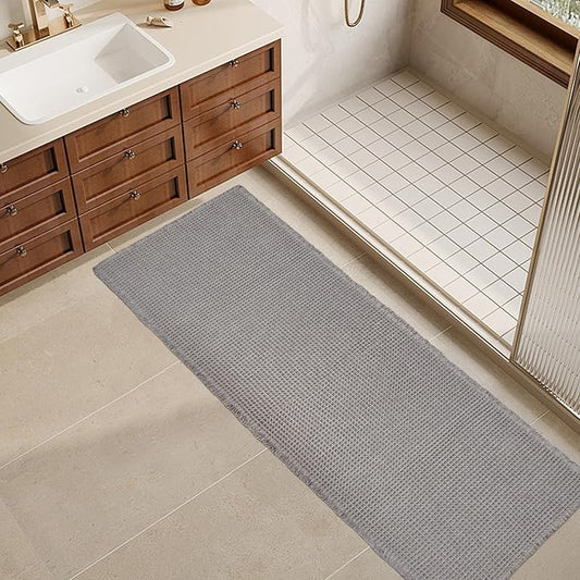 ZALL Grey Waffle Bath Mat,Super Absorbent Non Slip Long Bathroom Runner Rug,Gray 24X60inch,Machine Washable Ultra Soft Floor Mats
