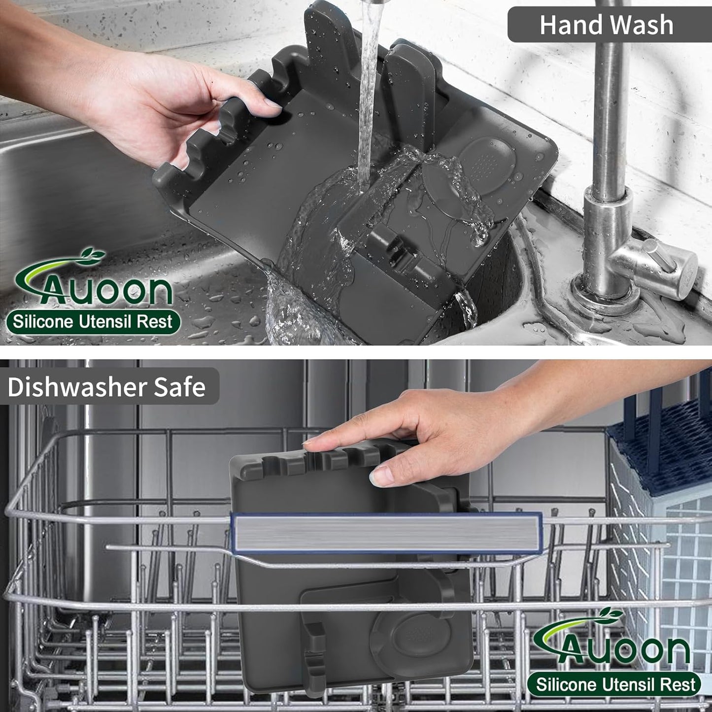 AUOON Spoon Rest for Stove Top - Silicone Utensil Rest with Drip Pad for Kitchen Counter | Practical Kitchen Gadgets for Cooking | Dishwasher Safe (Grey, Large)