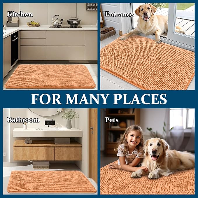 OLANLY Dog Door Mat for Muddy Paws 47x17, Absorbs Moisture and Dirt, Absorbent Non-Slip Washable Doormat, Quick Dry Chenille Mud Mat for Dogs, Entry Indoor Entryway Carpet for Inside Floor, Orange