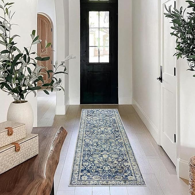 Vintage Design Flower Area Rug Distressed Carpet Multi 2x6 Cover Print Rug Kitchen Living Room Bedroom Dining Room,Blue