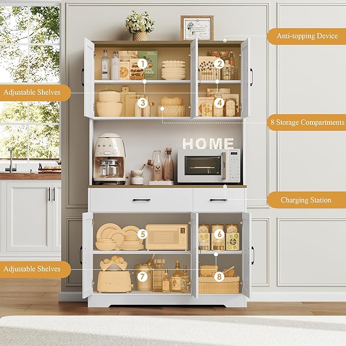 HOSTACK 71" Pantry Cabinet with Charging Station, Tall Kitchen Pantry Storage Cabinet with Microwave Stand, Farmhouse Kitchen Hutch with Storage Drawers for Living Room, Dining Room, White