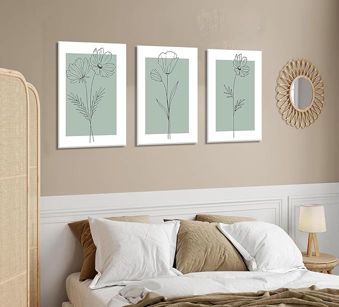 3 Line Flower Canvas Wall Art - Minimalist Botanical Flower Paintings for Living Room, Bedroom, Bathroom Decor