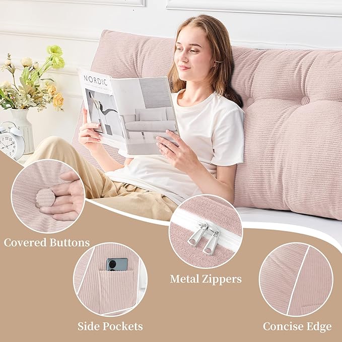 Sasttie Headboard Pillow Queen, Triangular Wedge Pillow Headboard, Wedge Headboard Pillow for Bed Sofa, Daybed Pillows for Sitting up, Reading or Working with Removable Cover, Light Pink