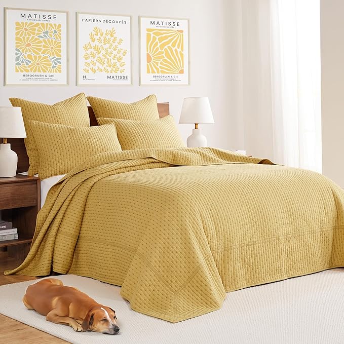 Levtex Home Cross Stitch Reversible Queen Bedspread Set (104x106in) with 2 Pillow Shams (26x20in) - Stitch Texture - Ochre - Cotton Queen Size Bedspread Set - Lightweight, Soft, Pre-Washed