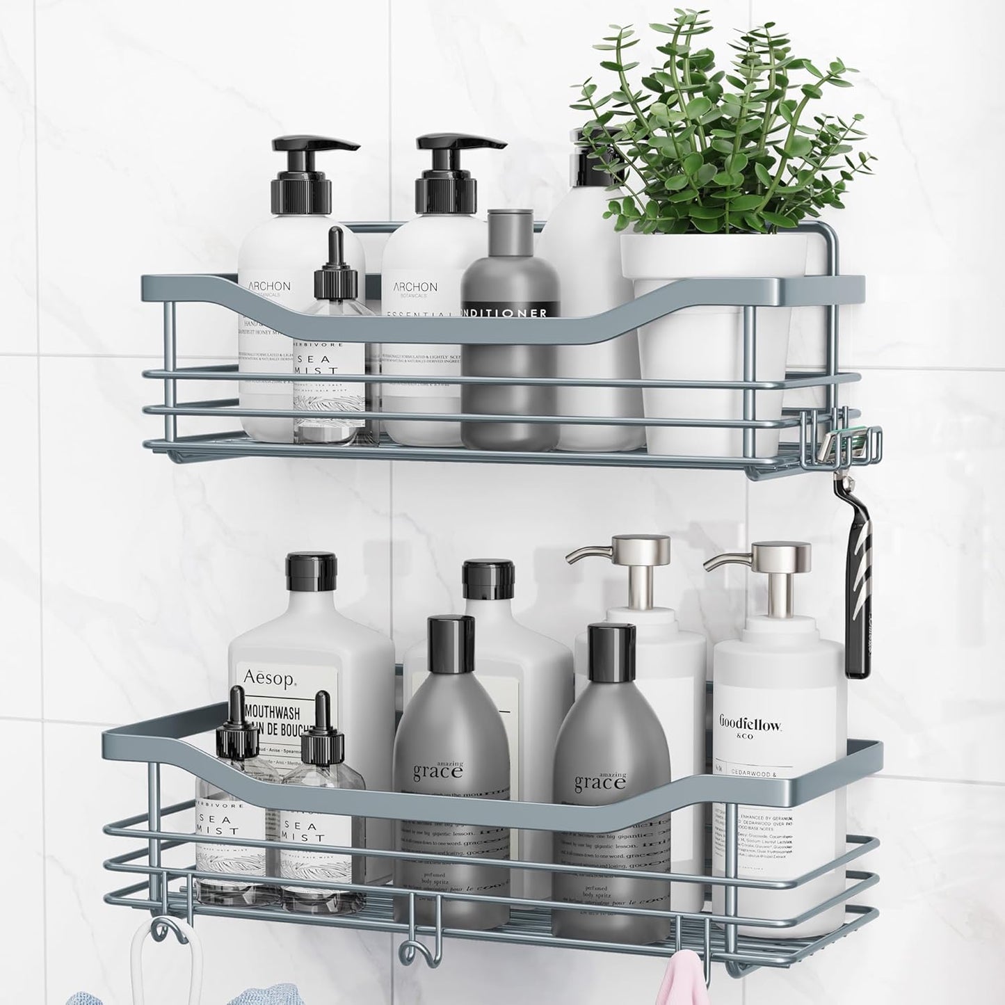 Orimade Shower Caddy Basket Shelf Storage Rack, No Drilling Wall Mounted Adhesive Rust Proof Stainless Steel Shower Organizer with 5 Hooks for Bathroom, Light Blue Grey 2 Pack