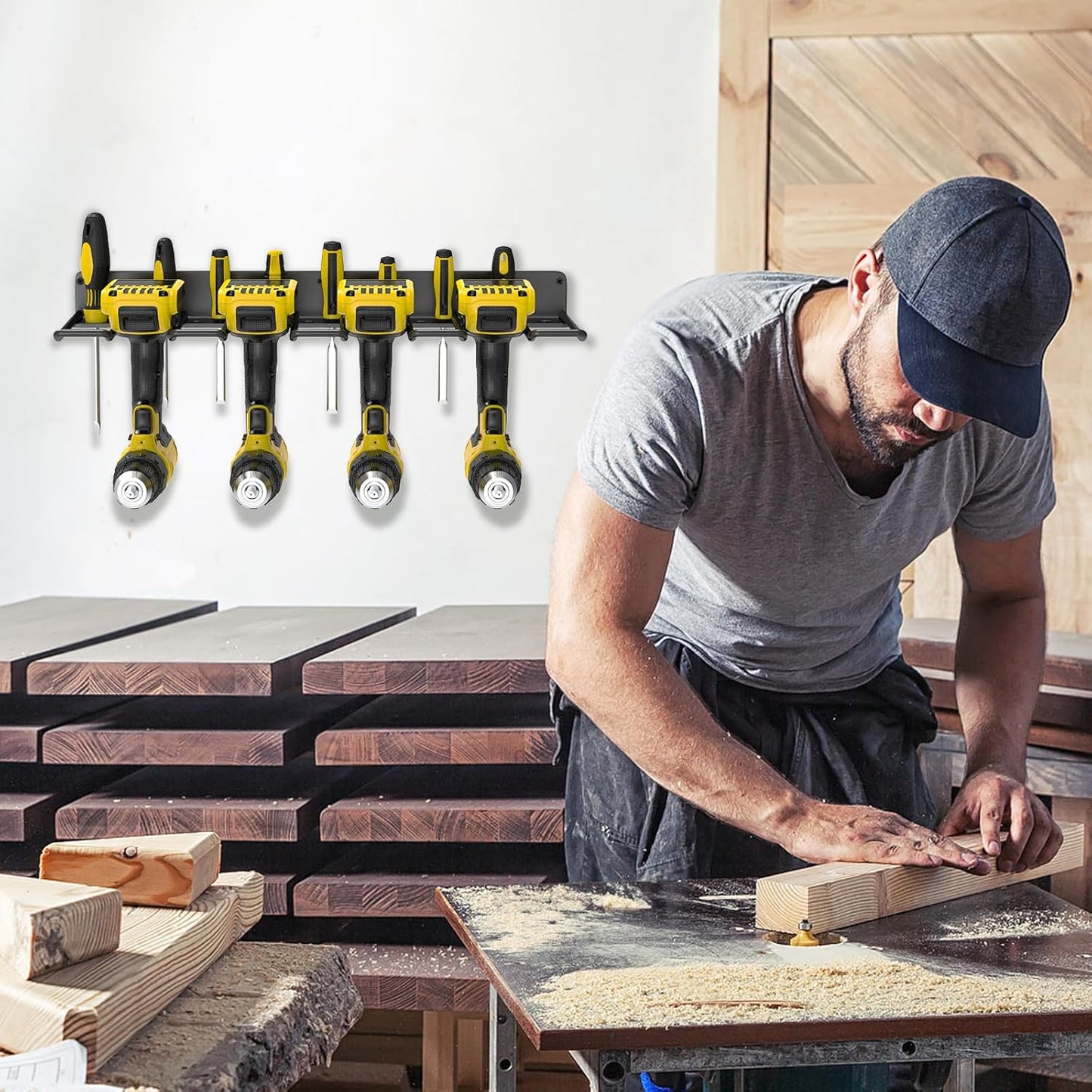 Drill Holder Wall Mount,Power Tool Organizer, 4 Cordless Drill Racks with Screwdriver Hole, Heavy Duty Garage Tool Storage Rack for Workshop Tool Room Basement