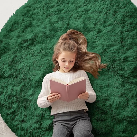 OLANLY Dark Green Round Rugs for Bedroom - Machine Washable, 5 ft Circle Area Rugs for Living Room, Soft and Fluffy Shaggy Carpet for Teen Girls and Boys, Nursery Rooms, Dorms, Home Decor Aesthetic