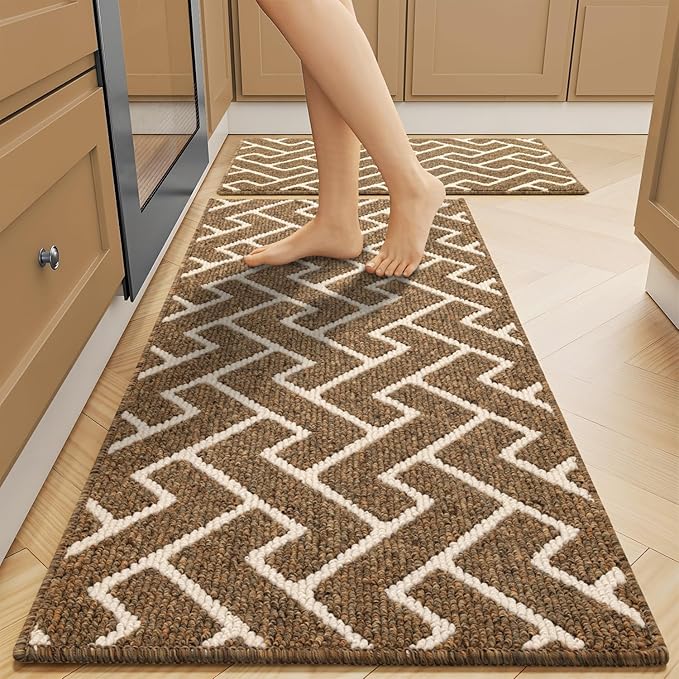 hicorfe Kitchen Rugs and Mats Sets,Non-Slip 2 Pieces Absorbent 100% Polypropylene Rug,Comfort Kitchen Runner Mat,Washable for Kitchen,Sink,Laundry(20" x 31.5" Plus 20" x 48",Brown)