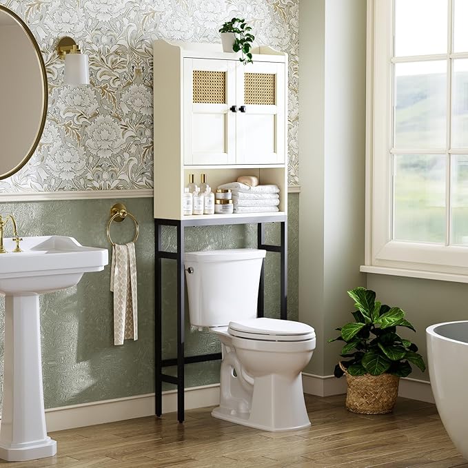 Over The Toilet Storage Cabinet, Bathroom Organizer Over Toilet Storage with Rattan Doors and Soft Hinges Above Toilet Bathroom Storage Over-The-Toilet Storage (Cream White)